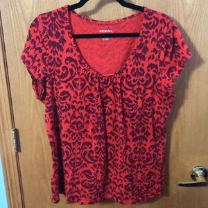 Orange and burgundy abstract print top